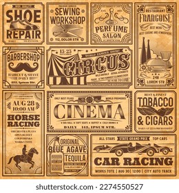 Banderas de periódicos de época, publicidad antigua en papel retro, fondo vectorial. Página de un periódico vintage con noticias y afiches publicitarios de circo, cine, taberna y taller de barbería o reparación de zapatos