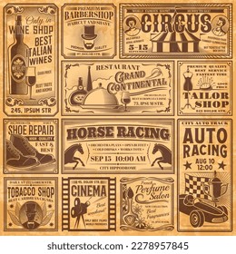 Pancartas de periódicos de época, publicidad antigua. Vector retro anuncia afiches con barbería de servicios, reparación de zapatos, salón de perfumes, tiendas de vino, tabaco y sastrería. Circo, restaurante, caballo y autocarreras