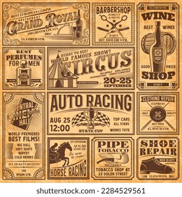 Vintage newspaper banners, old advertising magazine or journal page vector template. Retro news print paper poster with barbershop, circus, car and horse racing, cinema or movie theater advertising