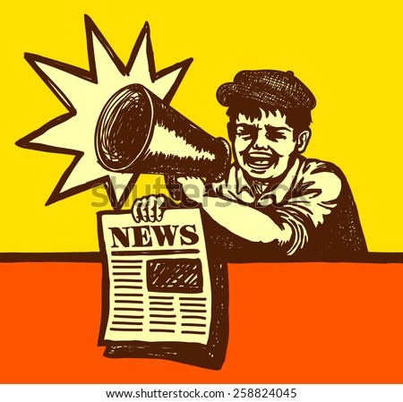 Vintage newspaper boy shouting latest news with megaphone, breaking news, extra edition 