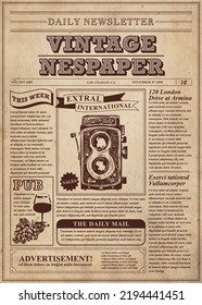 Vintage Newspaper with Camera and Wine 