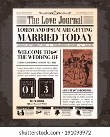 Vintage Newspaper Journal Wedding Invitation Vector Design Template
