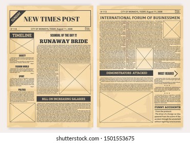 Vintage Newspaper. Old Realistic Pages With Headers And Place For Pictures, Retro Article Layout. Vector Illustration Background Text Print Page With Newsprint Media