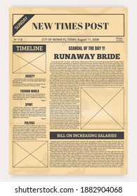 Vintage Newspaper. Old Realistic Pages With Headers And Place For Pictures, Retro Article Layout. Publication Design With Column And Calligraphic Font For Headlines. Sheet Of Newsprint, Vector Mockup