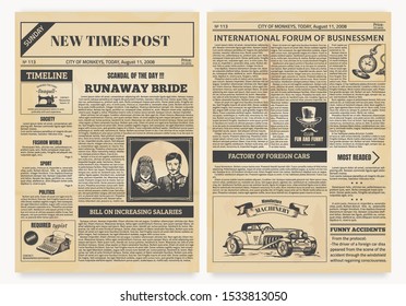 Vintage newspaper. Retro articles and old pictures with retro illustrations, realistic magazine pages template. Vector isolated modern design layout yellow page