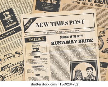 Vintage newspaper. Retro newsprint backdrop or magazine page with grunge texture and old headers. Vector editorial ancient paper news printing template for vintage design cafe and creative background