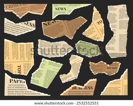 Vintage newspaper scrapbook elements. Ripped old zine pages, torn paper pieces with news articles text snippets. Collage clippings with jagged edges isolated vector set.