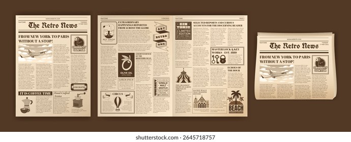 Modelo de jornal antigo. Colagem de anúncios retroativos. Texto do diário de manchetes. Layout de papel antigo. Tipografia antiga. Cartazes nostálgicos. Publicação de imprensa. Folhas de notícias dobradas. Páginas retangulares de ilustração vetorial