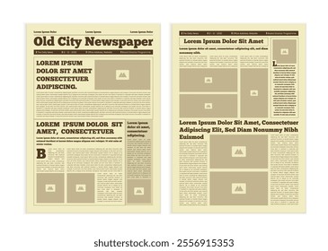 Vintage newspaper with text and image placeholder. Brochure newspaper pages with headline. Paper retro journal vector template. News articles newsprint magazine old design