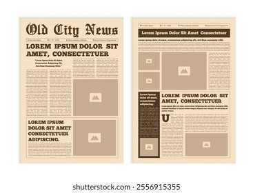 Vintage newspaper with text and image placeholder. Brochure newspaper pages with headline. Paper retro journal vector template. News articles newsprint magazine old design