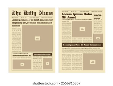 Vintage newspaper with text and image placeholder. Brochure newspaper pages with headline. Paper retro journal vector template. News articles newsprint magazine old design