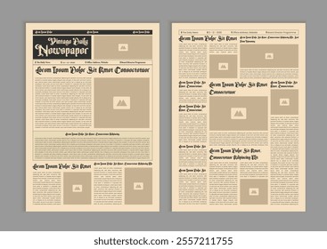 Vintage newspaper with text and image placeholder. Brochure newspaper pages with headline. Paper retro journal vector template. News articles newsprint magazine old design