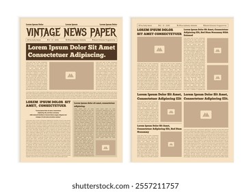 Vintage newspaper with text and image placeholder. Brochure newspaper pages with headline. Paper retro journal vector template. News articles newsprint magazine old design