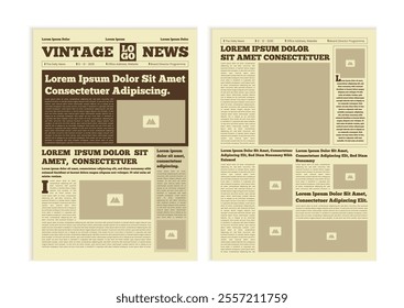 Vintage newspaper with text and image placeholder. Brochure newspaper pages with headline. Paper retro journal vector template. News articles newsprint magazine old design