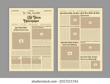 Vintage newspaper with text and image placeholder. Brochure newspaper pages with headline. Paper retro journal vector template. News articles newsprint magazine old design