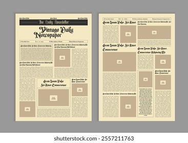 Vintage newspaper with text and image placeholder. Brochure newspaper pages with headline. Paper retro journal vector template. News articles newsprint magazine old design