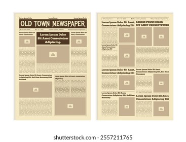 Vintage newspaper with text and image placeholder. Brochure newspaper pages with headline. Paper retro journal vector template. News articles newsprint magazine old design