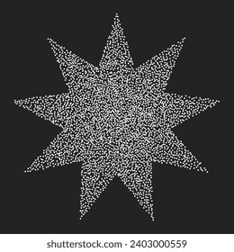 Estrella vintage de nueve puntas de puntos blancos sobre un fondo oscuro. Elemento vectorial de medio tono, forma geométrica ruidosa texturada en estilo estipplismo