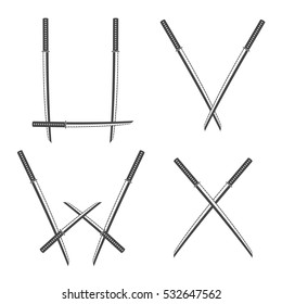 Vintage Ninja Sword monochrome Typeface. Vector black and white illustration isolated on a white background. Samurai Steel Letters U, V, W, X. Japanese Katana Alphabet.