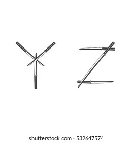 Vintage Ninja Sword monochrome Typeface. Vector black and white illustration isolated on a white background. Samurai Steel Letters Y, Z. Japanese Katana Alphabet.