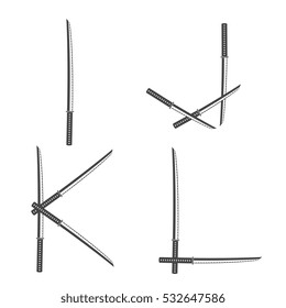 Vintage Ninja Sword monochrome Typeface. Vector black and white illustration isolated on a white background. Samurai Steel Letters I, J, K, L. Japanese Katana Alphabet.
