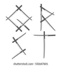 Vintage Ninja Sword monochrome Typeface. Vector black and white illustration isolated on a white background. Samurai Steel Letters Q, R, S, T. Japanese Katana Alphabet.