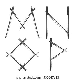 Vintage Ninja Sword monochrome Typeface. Vector black and white illustration isolated on a white background. Samurai Steel Letters M, N, O, P. Japanese Katana Alphabet.