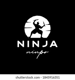 Vintage Ninja Warrior moon logo Design Vector Template. Silhouette of japanese fighter