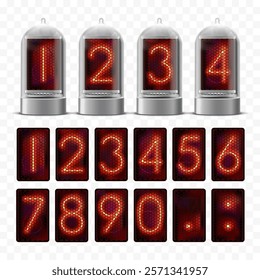 Vintage nixie clock tube. Set of glowing diode digits in glass lamps. Isolated on transparent background. Vector mockup