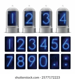 Vintage nixie clock tube. Set of glowing diode digits in glass lamps. Template isolated on white background. Vector mockup