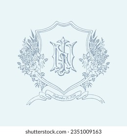 Vintage NJ JN initial monogram with floral wedding crest. Vintage wedding crest monogram.