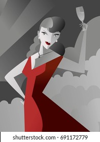 vintage noir pulp red dress woman with glass