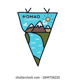 Vintage nomad explorer pennant template, adventure emblem design with mountains and river. Unusual line art retro style sticker. Stock vector art