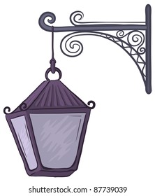 Vintage nonluminous street lamp, hanging on a decorative bracket. Vector