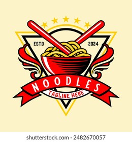 vintage noodle logo. a bowl of noodles with chopsticks on top, for noodle business, fast food, Korean or Japanese menu