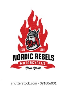 Vintage Nordic Rebels Motorcycles Tshirt Apparel Fashion Print. Retro Hand Made Tee Graphics. Old School Americana Style. Viking's Head. Biker Club Logo. Mechanic Moto Service Badge. Powerful Look.