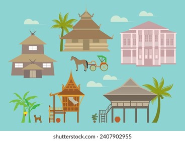 
Casas vintage de estilo norte y central en Tailandia, vector de diseño plano