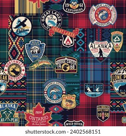 Vintage northern outdoor discovery adventure camping badge with tartan plaid America native fabric patchwork background vector seamless pattern 