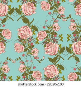 Vintage nostalgic beautiful roses bunches composition romantic floral wedding gift wrapping paper seamless pattern color vector illustration