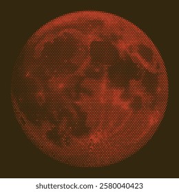 Vintage nostalgic red moon illustration with halftone dot effect pattern in retro space and futuristic styles in warm earthy tones. Pointillism. Noisy grainy shading using dots. Vector illustration