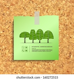 Vintage note paper and abstract trees symbol background stick on cork board texture background- Vector illustration
