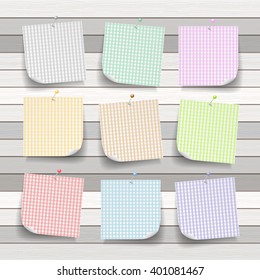 vintage note paper with pin on plank wood, vector illustration eps10