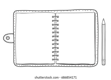 vintage notebook and black pencil  vector line art illustration