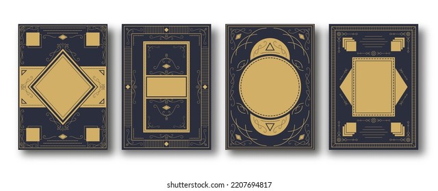 Vintage notebook cover set. Golden engraving pattern template with copy space for annual notepad, brochure, copybook, diary. Art deco graphic print for magazine covers, booklet journal cards