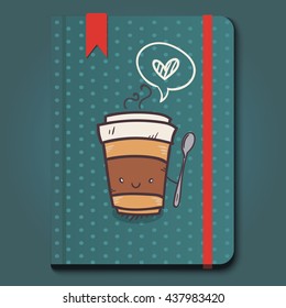 Vintage notebook with cup of coffee in doodle style
