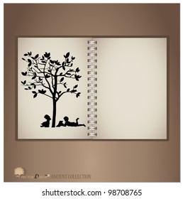 Vintage notebook designs (Silhouette of children read a book under tree). Vector illustration.