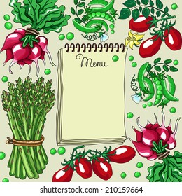 Vintage notebook for recipe or menu surrounded by fresh vegetables. Hand drawn vector illustration.