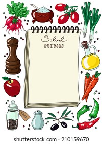 Vintage notebook for recipe or menu surrounded by food ingredients and vegetables. Hand drawn vector illustration.