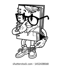 Vintage notepad cute character propping glasses and holding book in monochrome style isolated vector illustration