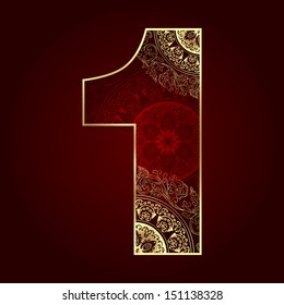 Vintage number 1 with floral swirls. Vector illustration  